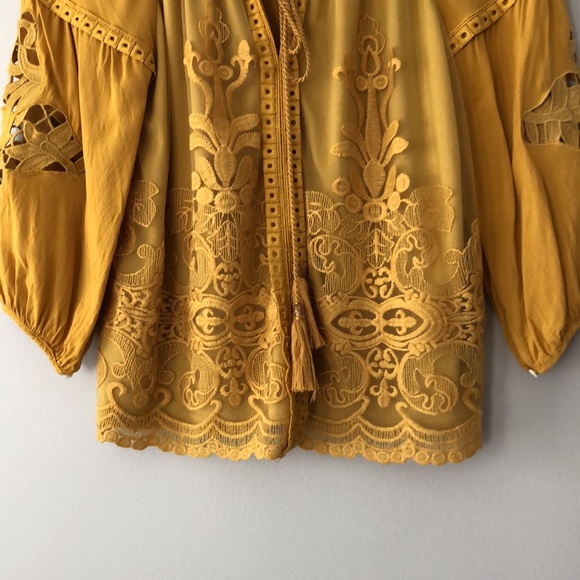 Boho Crochet Lace Embroidery Golden Yellow 3/4 Sleeve top Small - Picture 4 of 13